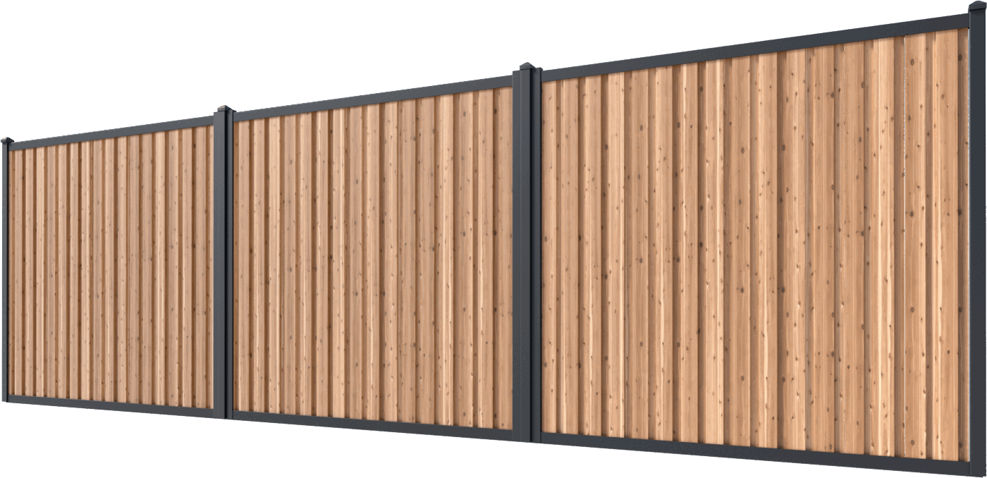 Three-bay Metal America steel fence run with a cedar wood-grain finish and slate steel posts