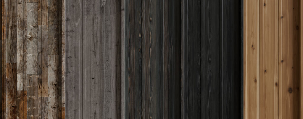 A display of some specialy metal panel styles including wood-look finishes