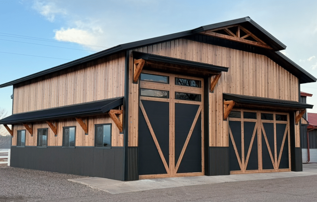 A photo of a brown and black buiding with custom garage doors from Metal America