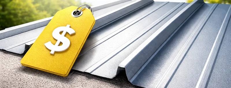 A visual of a price tag on top of a barndominium's metal roofing