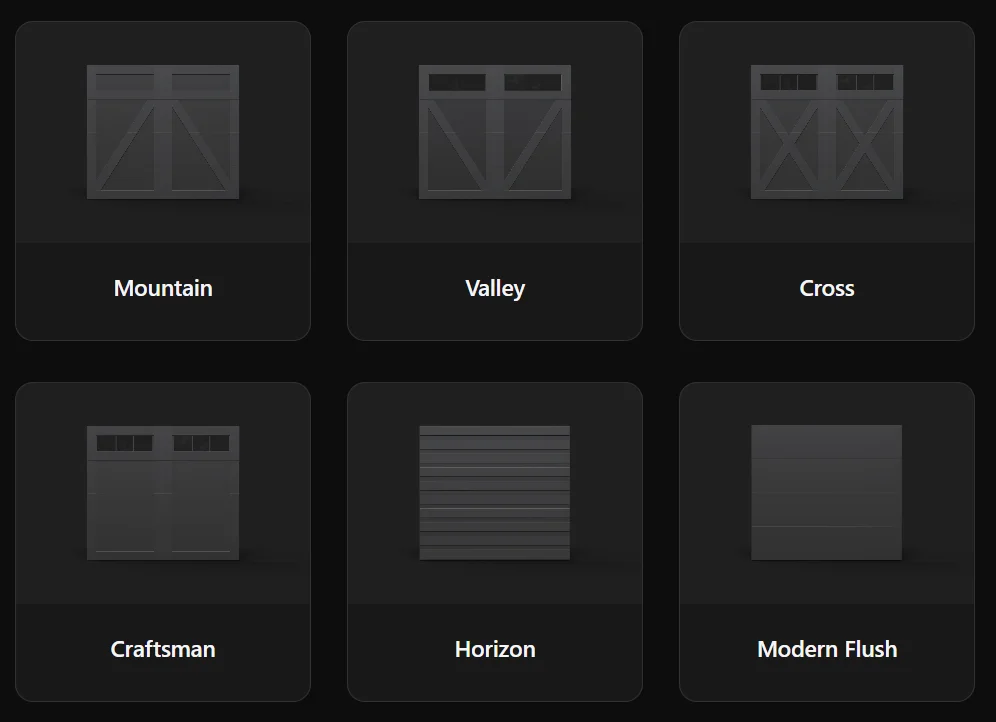 An image showing the 6 styles of custom garage doors available from Metal America