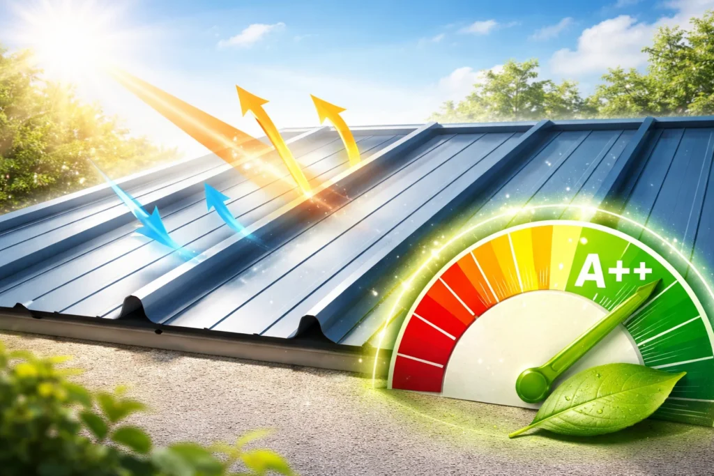 An illustration depicting energy efficiency of a steel roofing panel