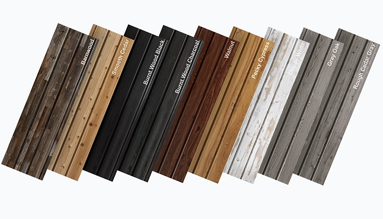 woodgrain metal shiplap panels options are stacked side by side