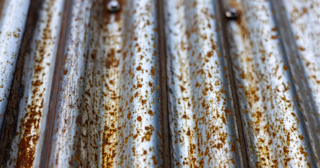 A closeup of metal roofing panel made of cor ten