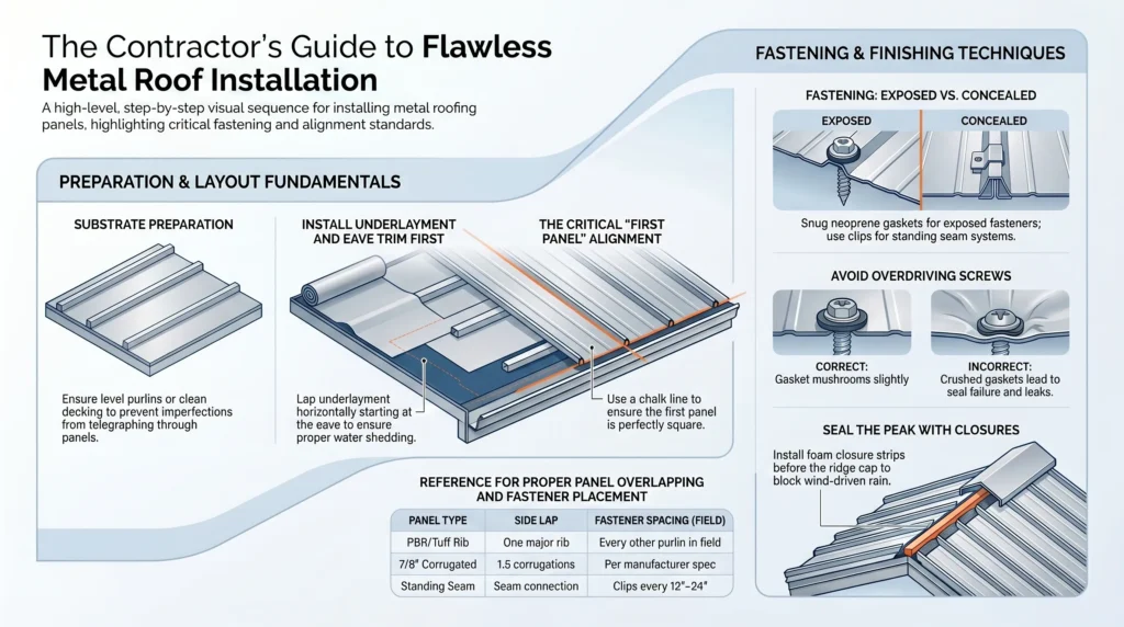 An infographic showing the process of installing metal roofing panels