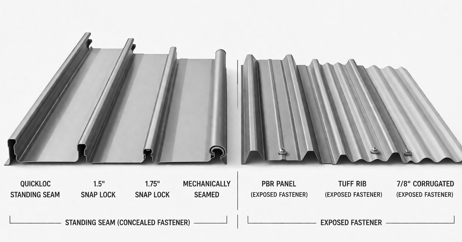 An image comparing standing seam roofing panels to exposed fastener steel roofing panels