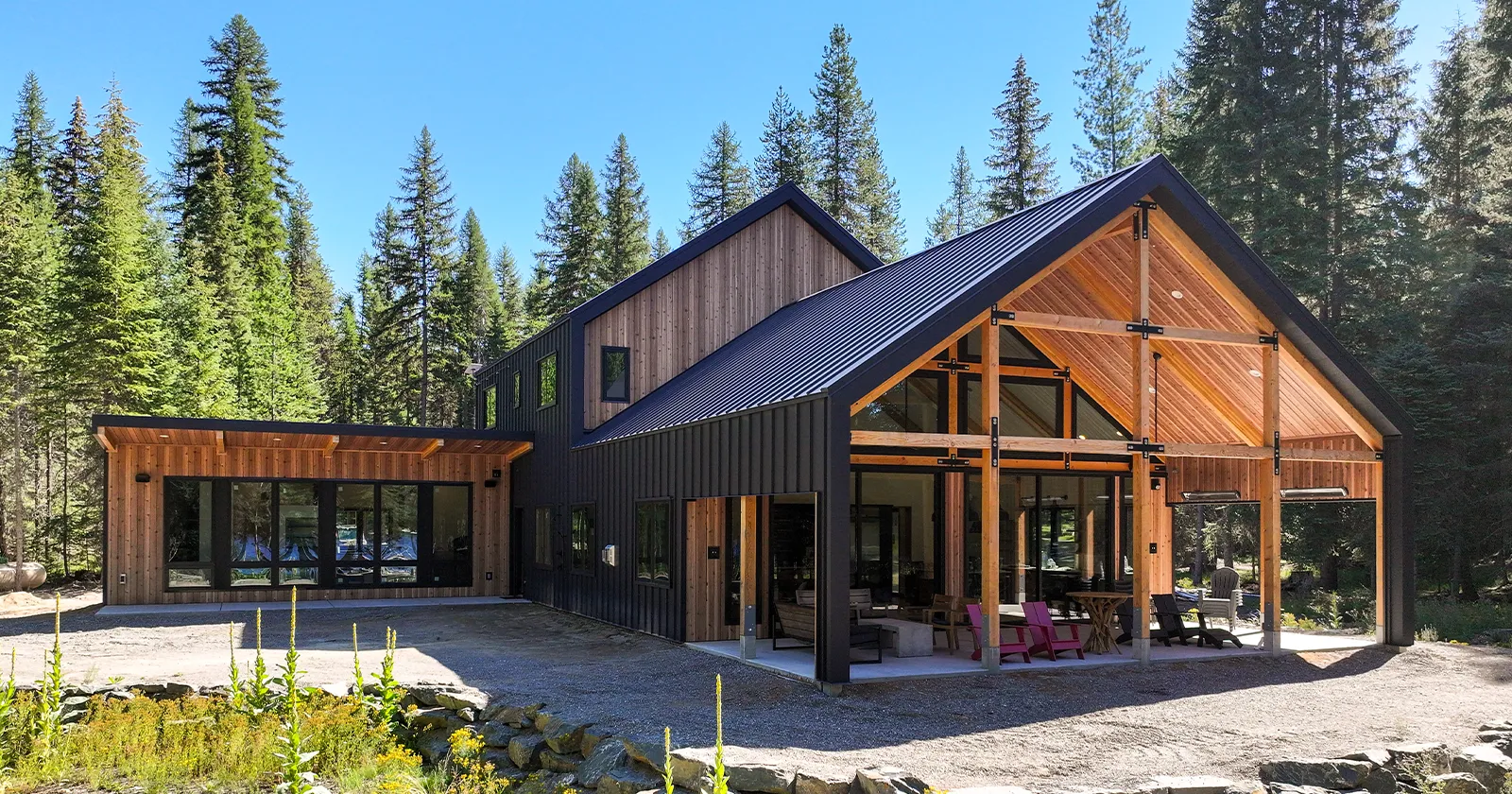 A barndominium with wood look metal siding