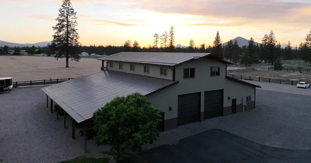 An agricultural barn with a metal roof