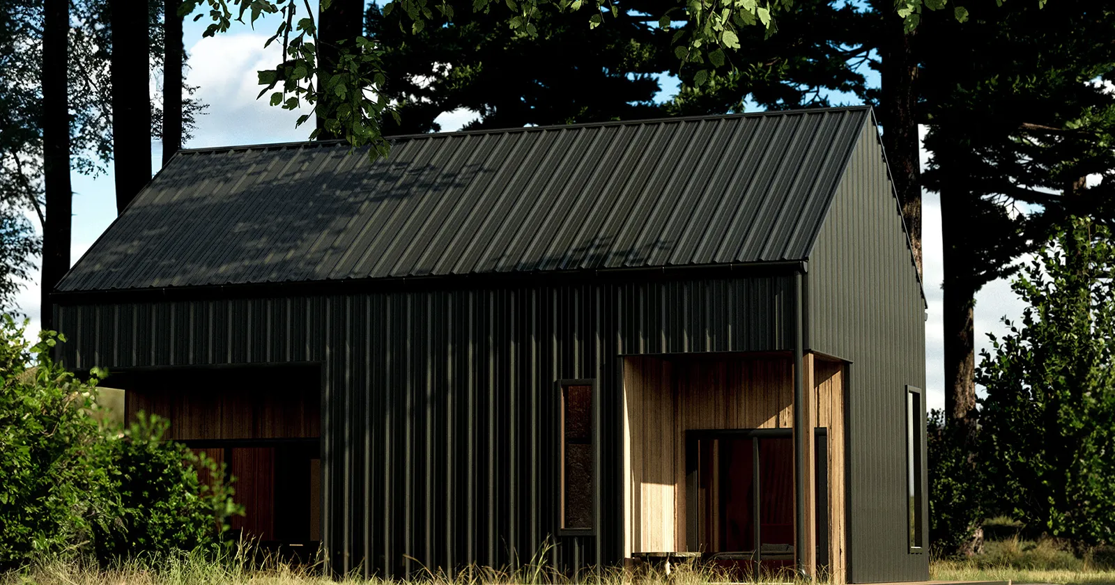 A building installed with black PBR panels vs standing seam
