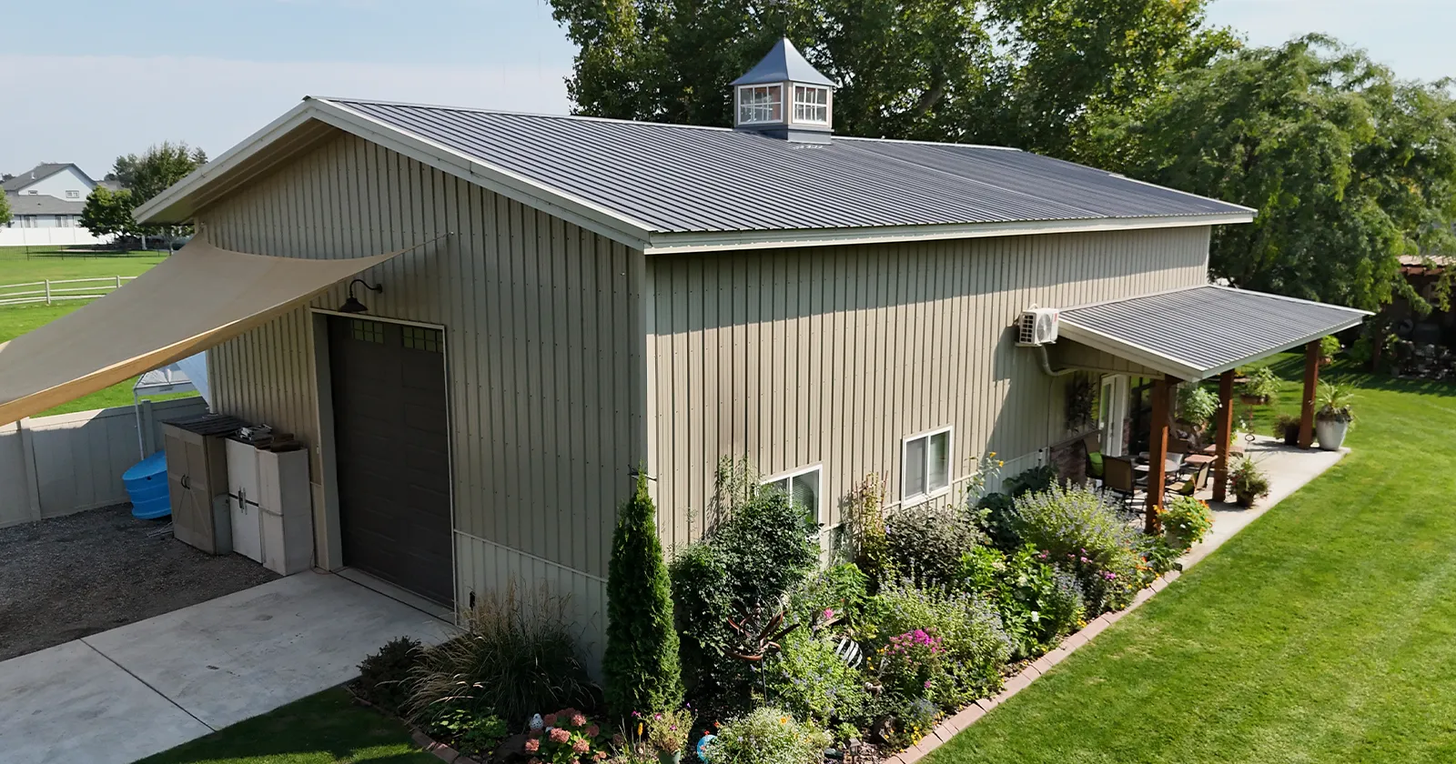 A shop with popular metal roofing colors including charcoal and black