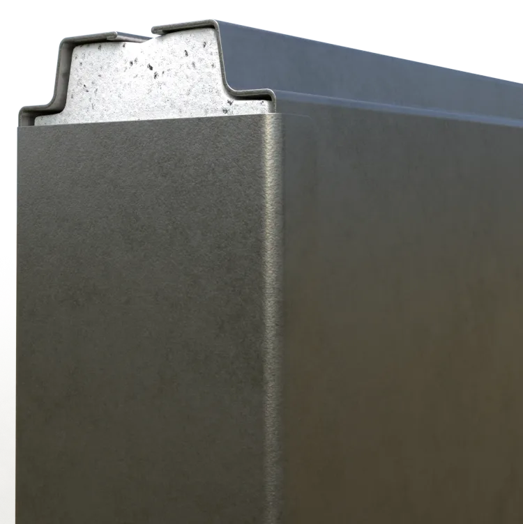 Cutaway graphic of steel garage door panel construction showing the polymer thermal break and insulation core