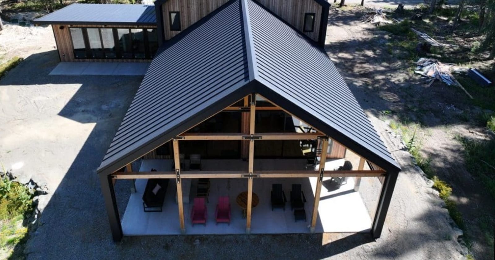Wood look steel panels on a building, the kind of steel panels for pergolas and patio covers that read as natural wood