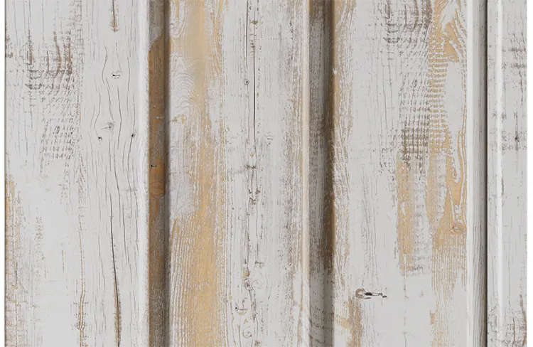 Chippy white wood look shiplap panels on a farmhouse, a wood print option for steel siding for houses