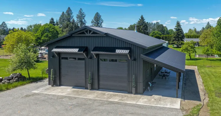 A pole barn clad in ag panel metal roofing and matching metal siding