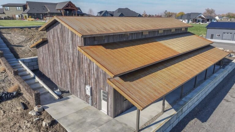 Aerial view of a Barnwood event barn with a COR-TEN roof