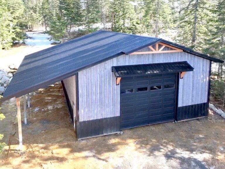 Tuff Rib metal roof in black over a Rough Cedar Gray shop