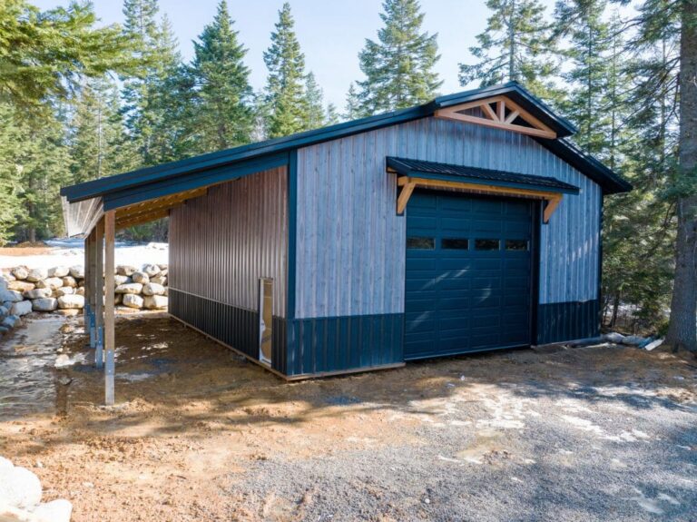 Rough Cedar Gray wood-look steel siding above a Black Crinkle Finish wainscot