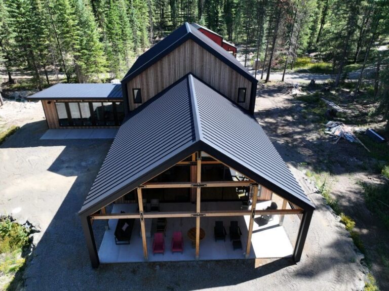 Aerial view of a Smooth Cedar barndominium roof line in Colville, WA