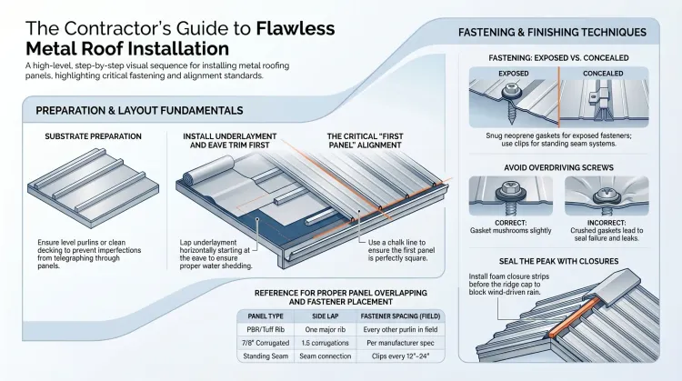 Infographic of the metal roof install process, the steps that make up a roofing project timeline